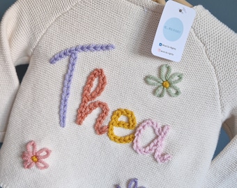 Personalised hand embroidered knitted children, baby name cardigan. Cream - Multiple colours