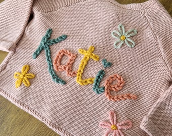 Personalised hand embroidered knitted children, baby name cardigan. Pink - Multiple colours