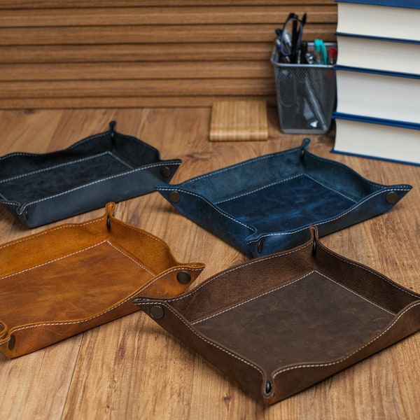 Leather Valet Tray, Handmade Desk Organizer, Personalized Leather Empty Pocket, Useful Leather Desk Caddy, Minimalist Catchall, Men Gift