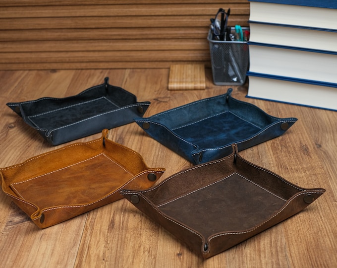 Leather Valet Tray, Handmade Desk Organizer, Personalized Leather Empty Pocket, Useful Leather Desk Caddy, Minimalist Catchall, Men Gift