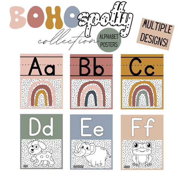 Boho Rainbow Alphabet Posters, Boho Classroom Decor, Boho Spotty ABC Posters, ASL Alphabet Posters, Homeschool Posters, Digital Download