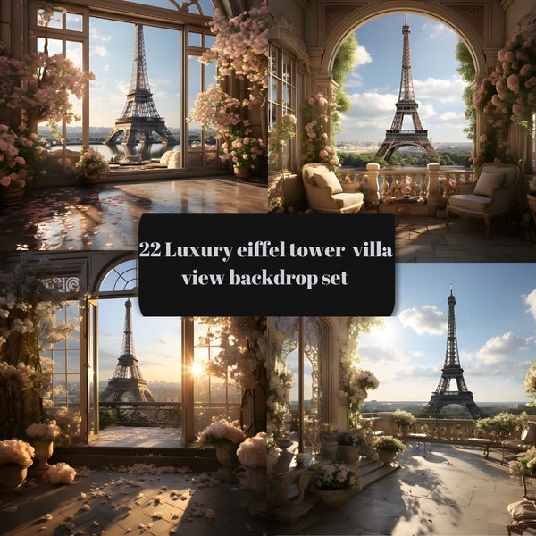 22 luxury Eiffel tower villa view backdrop set, Luxury backdrop, luxury overlays, digital backdrops, birthday overlays, vacation backdrop