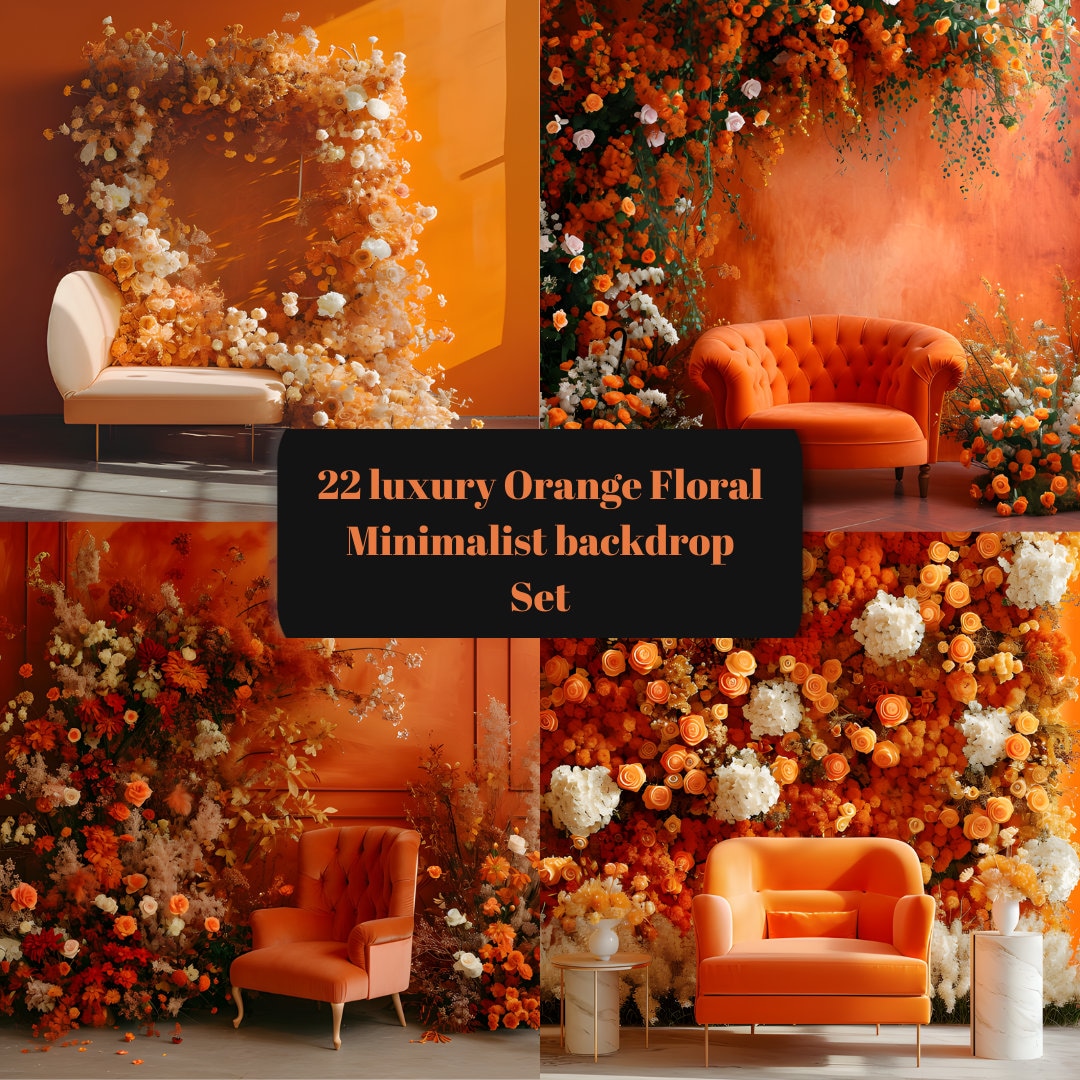 Luxury Orange Floral Backdrop: Minimalist Digital Overlays - Etsy
