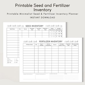 Inventário de sementes e fertilizantes para impressão | Inventário de Sementes | Inventário de Fertilizantes | A4/A5/Carta | Planejador para download