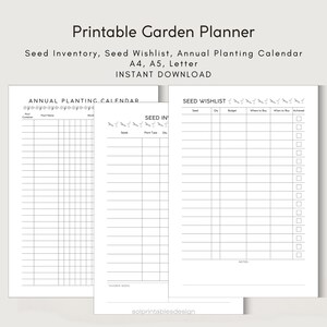 Planificador de plantación imprimible, Inventario de semillas, Lista de deseos de semillas, Calendario de plantación anual, A4/A5/Carta, Planificador descargable