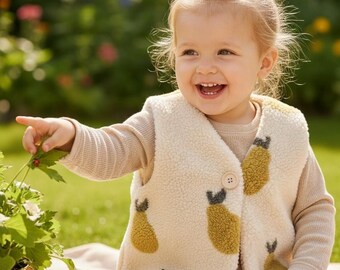 Baby, children's & adult teddy vest with waffle pique lining, for baby, fleece vest with pears, handmade children's clothing, transitional vest for babies