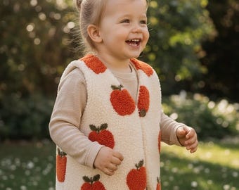 Baby, children's & adult teddy vest with waffle pique lining, for baby, fleece vest with apples, handmade children's clothing, transitional vest for babies