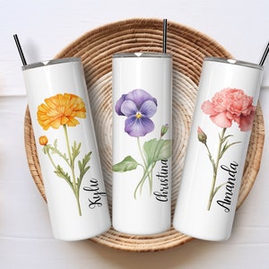 Personalized Birth Flower Coffee Cup with Name, Personalized Birth Flower Tumbler, 20 oz Skinny Tumbler with Lid and Straw, Gift for her