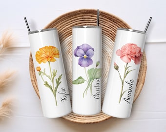Personalized Birth Flower Tumbler: 20 oz Skinny Stainless Steel Cup