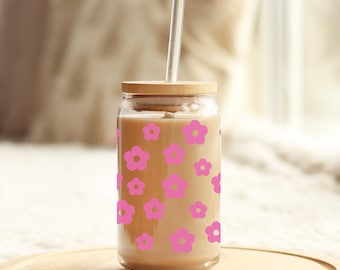 Daisy Glass Tumbler with Lid & Straw: Floral Beer Can Glass