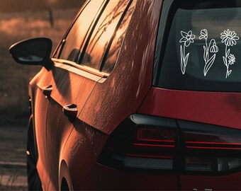 May include: A red car with a white outline of flowers on the back window. The flowers include a daffodil, a snowdrop, and a daisy.