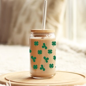 St. Patrick&#39;s Day Clover Glass Tumbler: 16oz Beer Can Glass with Lid & Straw