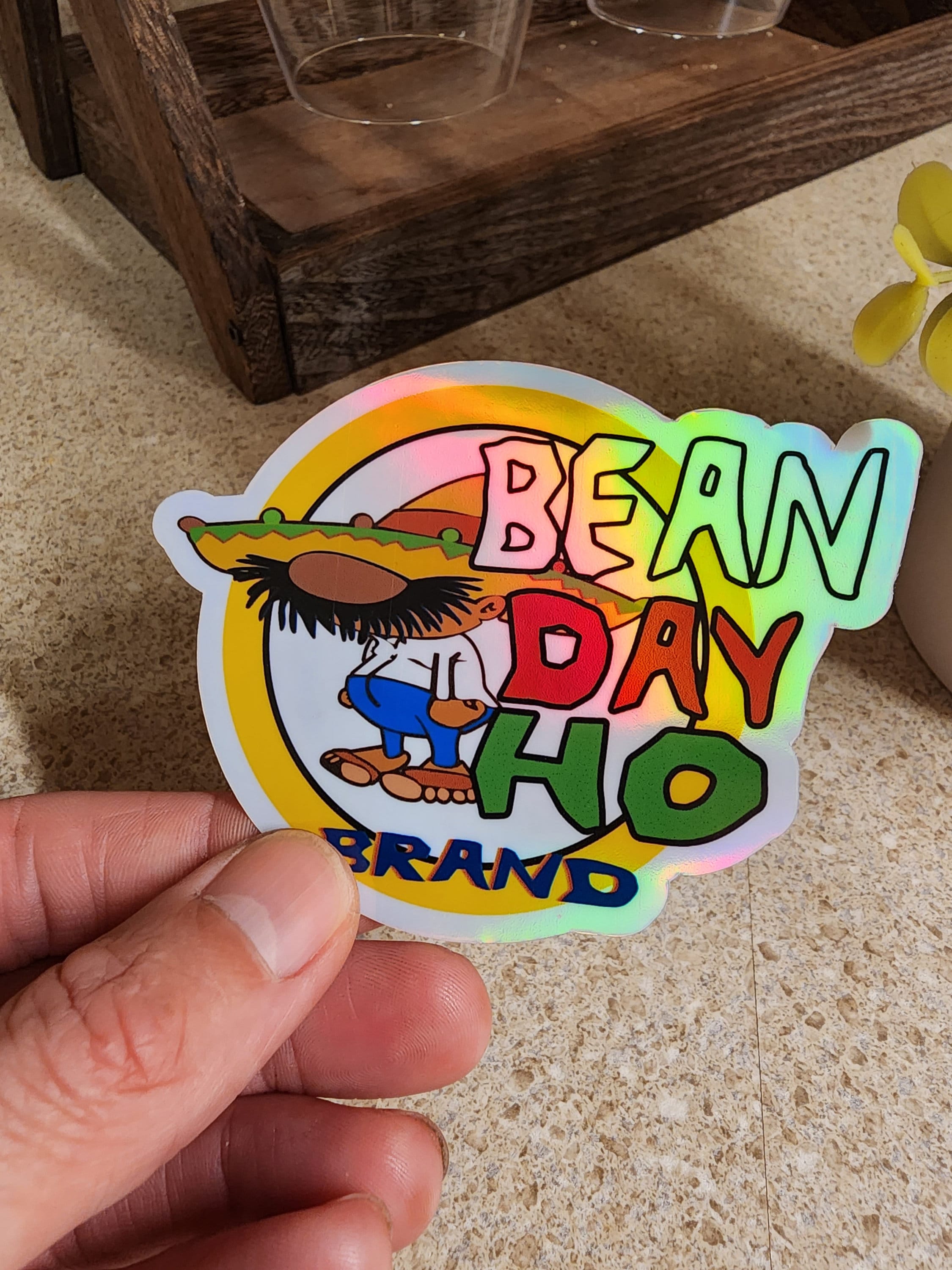 Bean Day Ho brand holographic sticker 2.5" strong adhesive and peel really easy