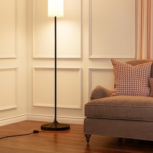 May include: A tall, black floor lamp with a cylindrical white lampshade. The lamp stands on a round base and is positioned in a corner of a room with hardwood flooring. A brown sofa with a patterned pillow is in the background.