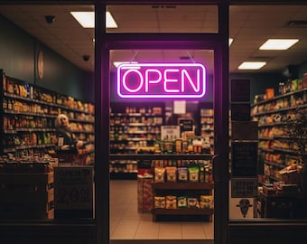 May include: A storefront at night with a bright pink neon "OPEN" sign in the window. The store is well-stocked with shelves of products. The interior is dimly lit, and a person can be seen inside the store.