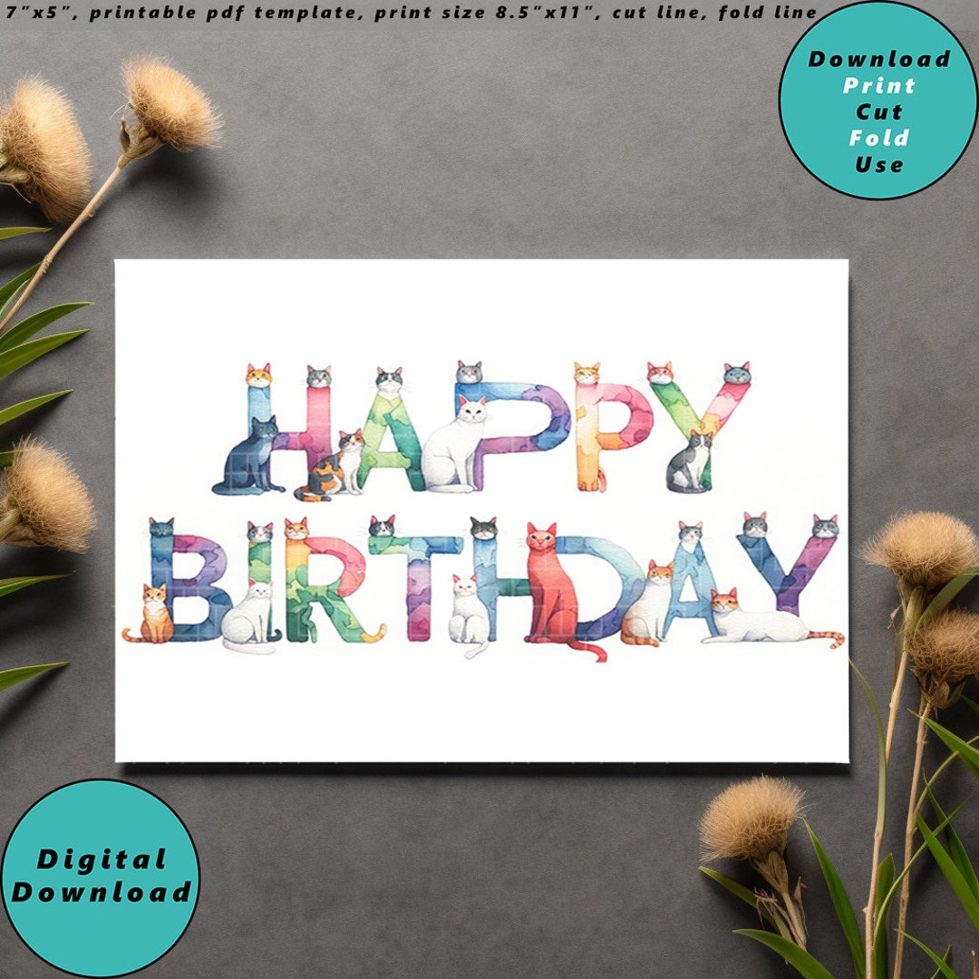 Cats Happy Birthday Card Digital Download, Printable, Print at Home ...