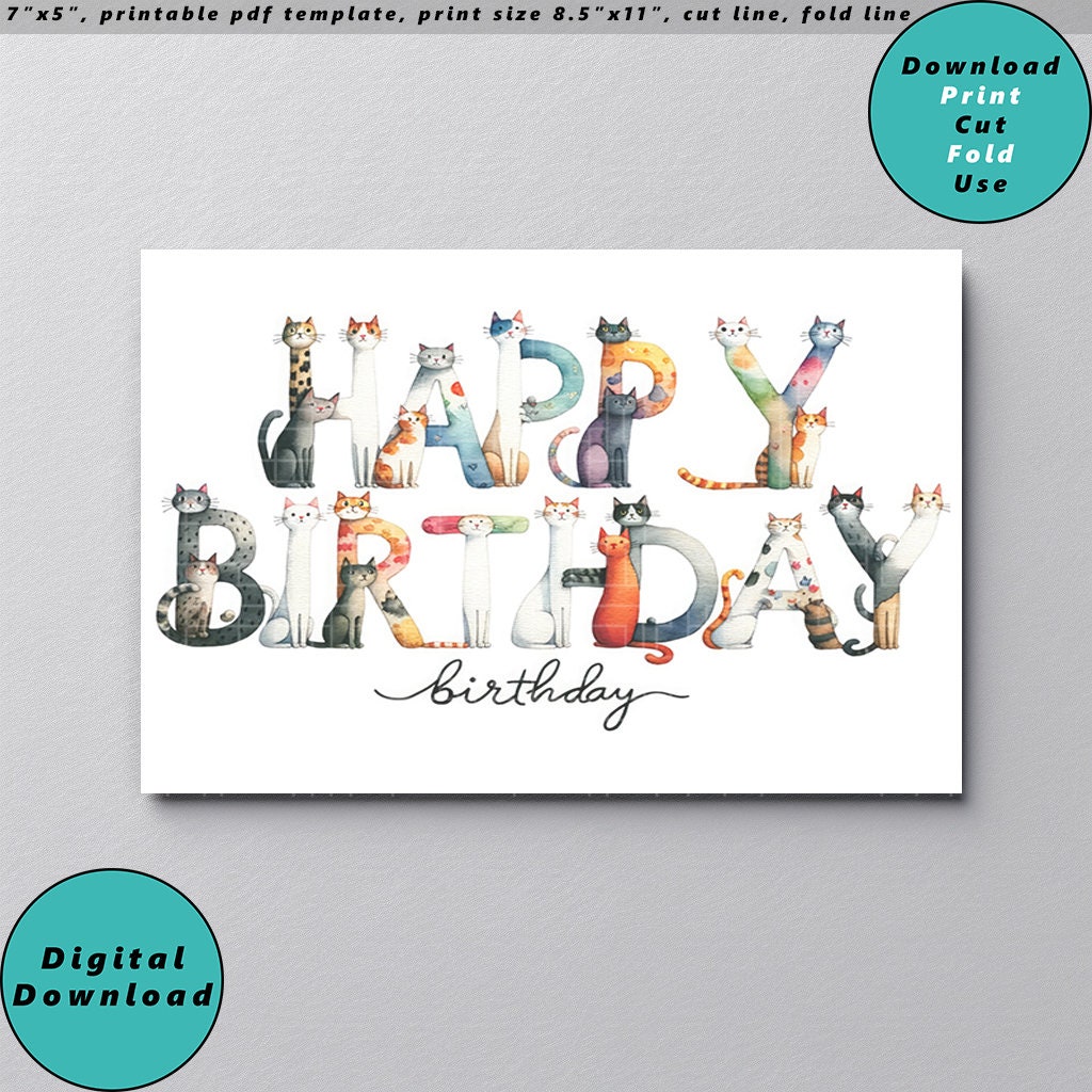 Cat Printable Happy Birthday Card, Print at Home, Digital Download ...