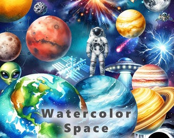Watercolor Space Clipart PNG Bundle | Solar System, Planets, Astronaut, Alien, Rocket | Kids Galaxy Digital Download for Stickers & Print