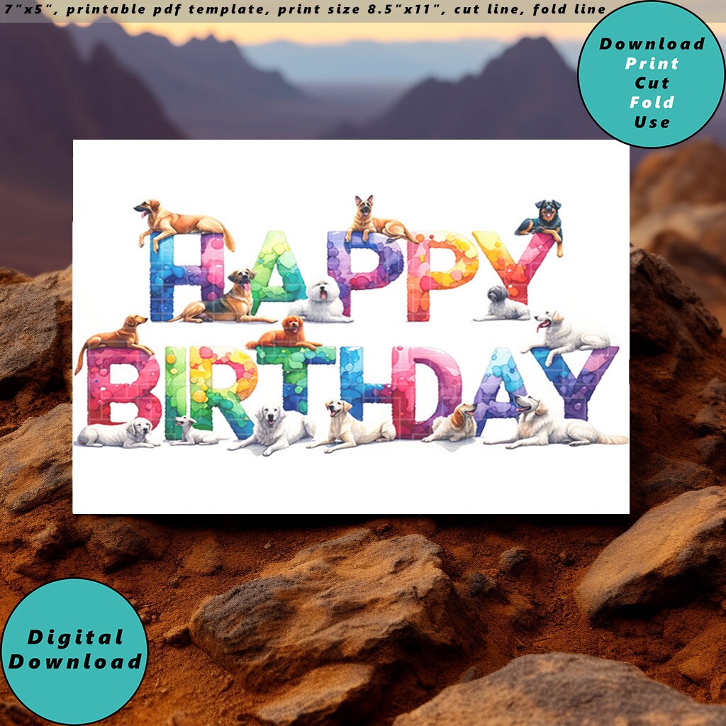 Colorful Dog Birthday Card Printable Dog Lovers Digital - Etsy