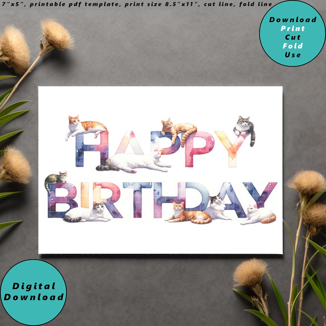 Cats Happy Birthday Card Digital Download, Printable Print at Home ...