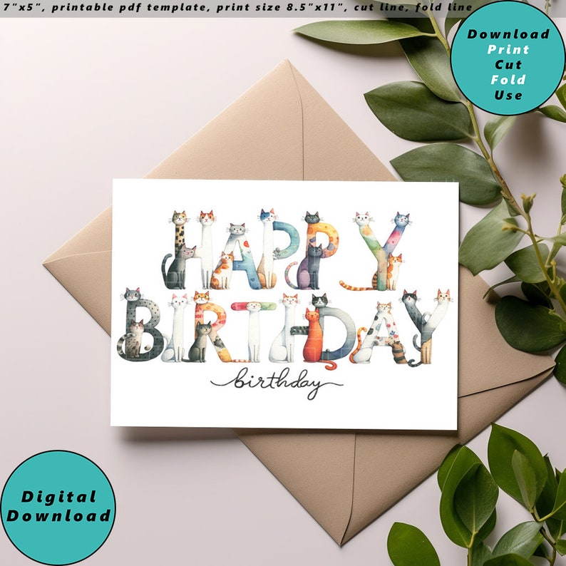 Cat Printable Happy Birthday Card, Print at Home, Digital Download ...