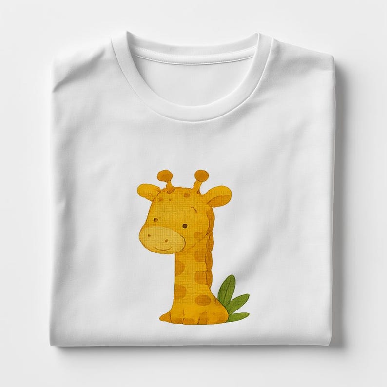 K&ouml;nnte beinhalten: Ein wei&szlig;es T-Shirt mit einer Cartoon-Giraffen-Illustration. Die Giraffe ist gelb mit braunen Flecken und hat gr&uuml;ne Bl&auml;tter dahinter.