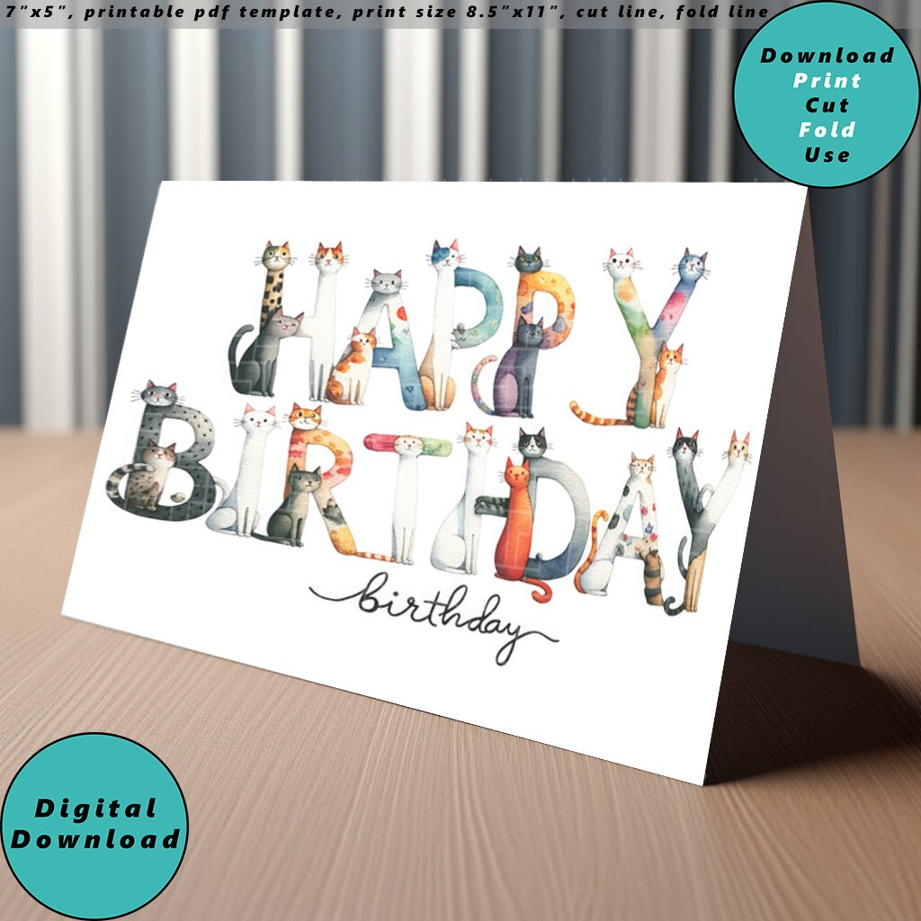 Cat Printable Happy Birthday Card, Print at Home, Digital Download ...