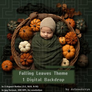 May include: A newborn baby wrapped in a green blanket is sleeping in a basket filled with small orange and white pumpkins. The basket is surrounded by fall leaves. The image is titled "Falling Leaves Theme 1 Digital Backdrop" and is by ArleneArryn.
