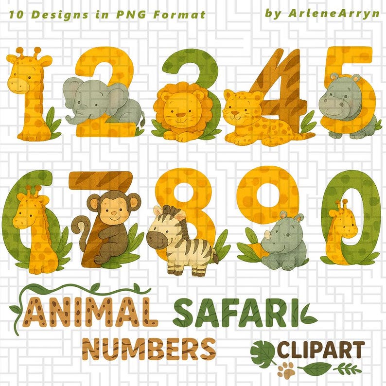 K&ouml;nnte beinhalten: Zehn bunte Tier-Safari-Zahlen von 1 bis 10 mit Dschungel-Thema. Jede Zahl ist mit einem anderen Tier illustriert, wie zum Beispiel einer Giraffe, einem Elefanten, einem L&ouml;wen und mehr. Die Zahlen sind perfekt f&uuml;r das Lernen und die Bildung von Kindern.