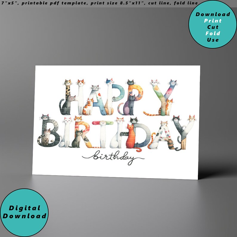Cat Printable Happy Birthday Card, Print at Home, Digital Download ...
