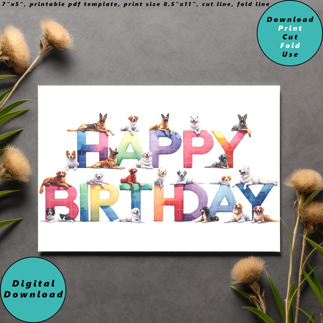 Colorful Dog Happy Birthday Card Printable, Print at Home, Dog Lovers ...