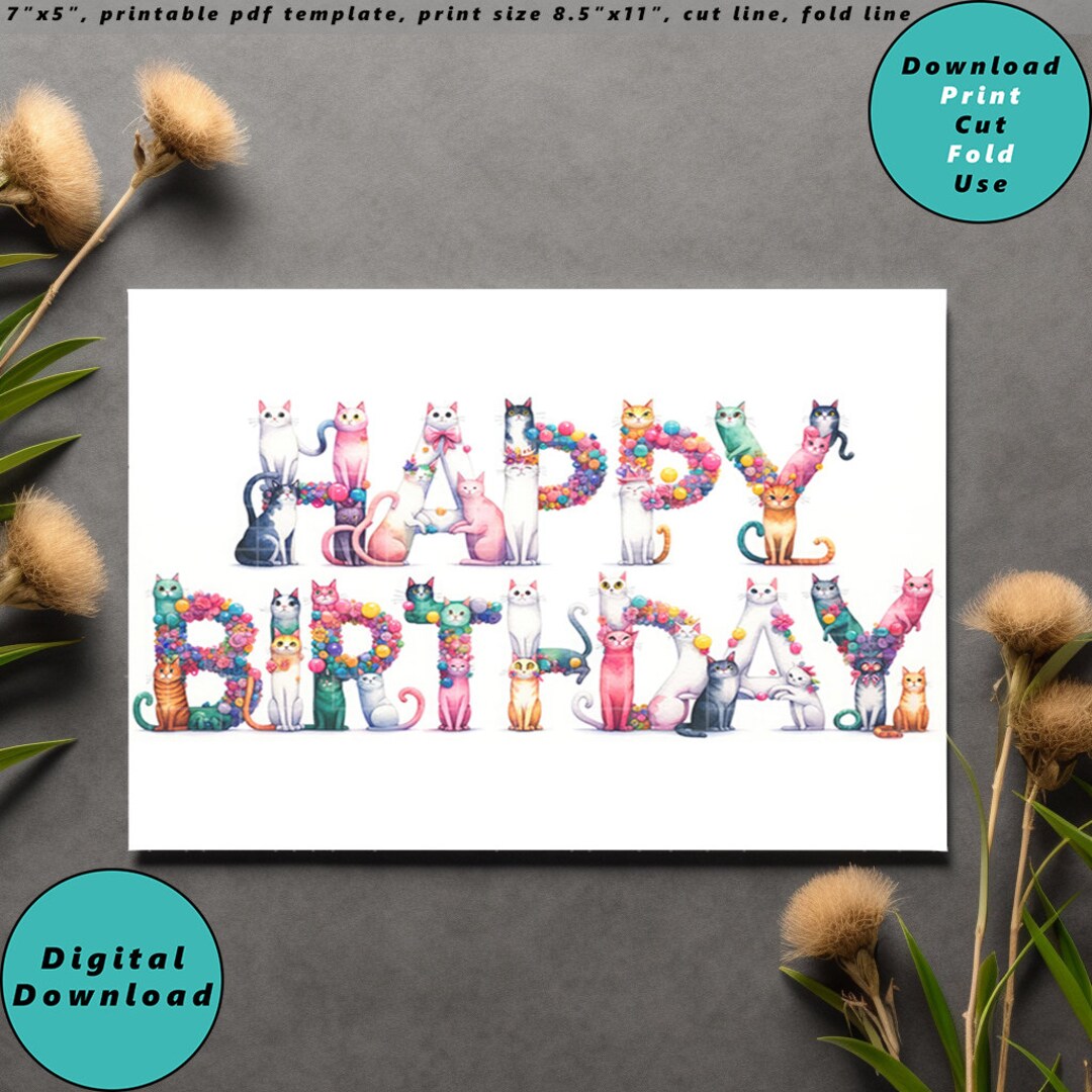 Cats Lovers Happy Birthday Card Digital Download, Printable, Cat Happy ...