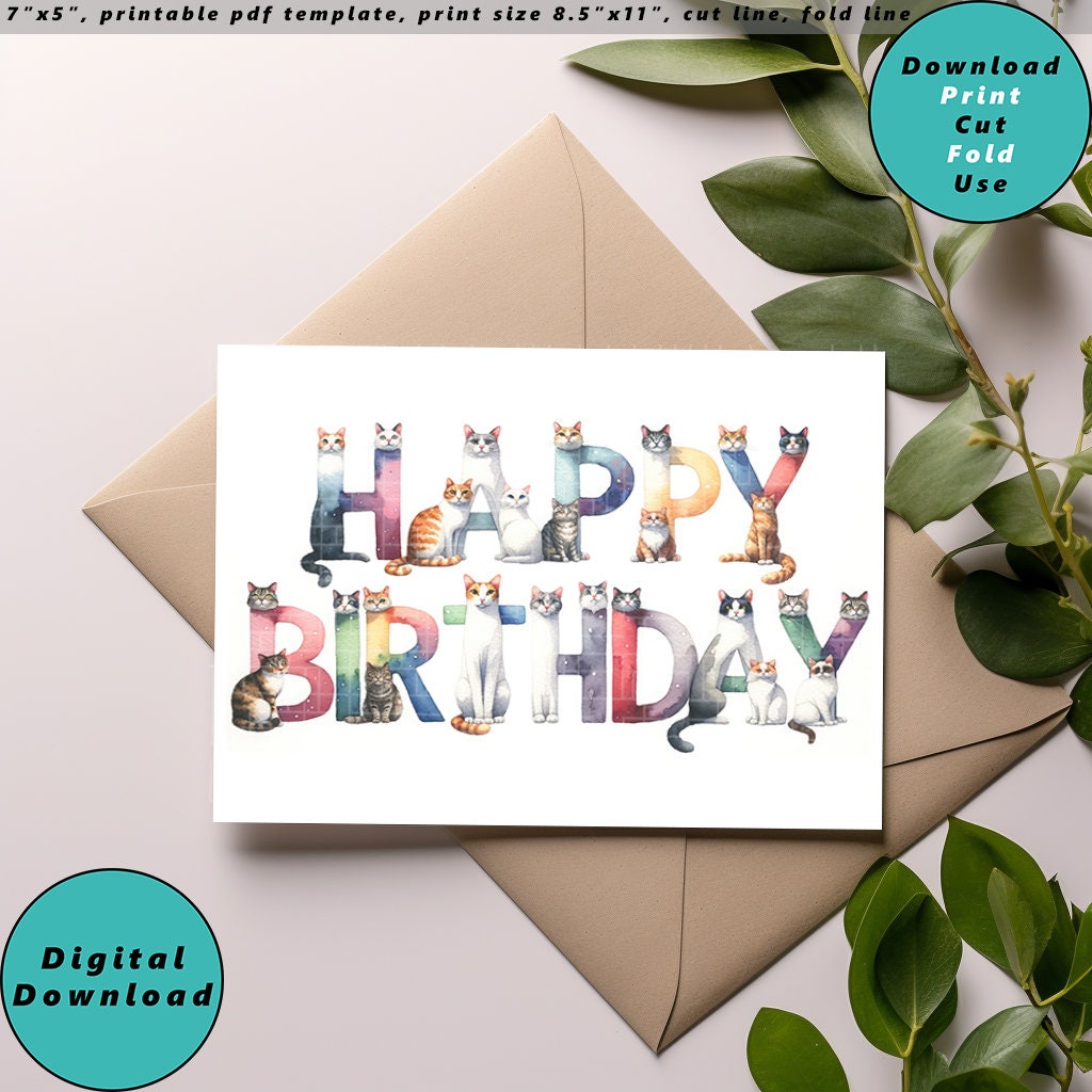 Cat Themed Happy Birthday Card Print at Home, Digital Download ...