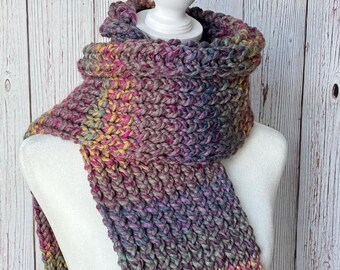 Bufanda de punto voluminosa multicolor, mezcla de lana, larga, colores cálidos de invierno