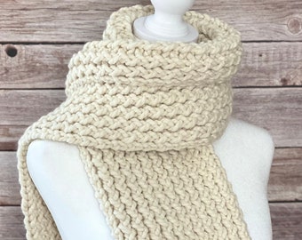 Bufanda de punto color crema, gruesa, de mezcla de lana, estilo pescador, blanca, larga y gruesa, hecha a mano