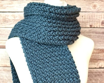 Blue Denim Long Knitted Bulky Scarf- Blue Chunky Scarf - Wool Long Scarf