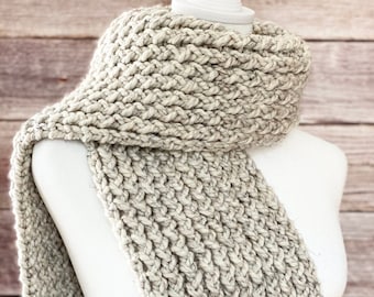 Bufanda de punto color crema, larga y voluminosa, mezcla de lana, gris o trigo, hecha a mano