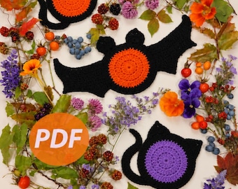 Sottobicchieri facili da realizzare con pipistrelli e gatti per Halloween - Schema PDF all'uncinetto