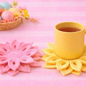 Modèle au crochet PDF adapté aux débutants, sous-verre de fleurs 3D, décoration de Pâques, cadeau DIY