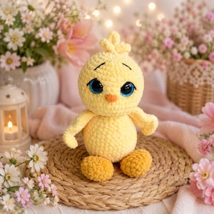 May include: A yellow crocheted chick plush toy with a round body, a small tuft of yarn on its head, and large, glossy blue eyes. The chick has a small orange beak and textured, soft yarn construction, sitting upright on a woven circular mat.