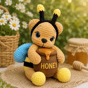 May include: A crocheted teddy bear dressed as a bee, holding a brown pot of honey. The bear has blue eyes, yellow antennae, and a black and yellow striped body. The word "HONEY" is printed on the pot. The bear is sitting on a burlap surface.