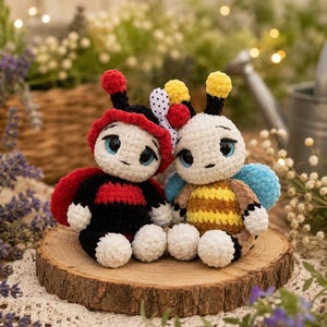 Peut inclure: Deux peluches faites à la main au crochet : une coccinelle et une abeille, assises sur une tranche de bois. La coccinelle est rouge, noire et blanche, tandis que l'abeille est jaune, marron et bleue. Les deux ont de grands yeux bleus.