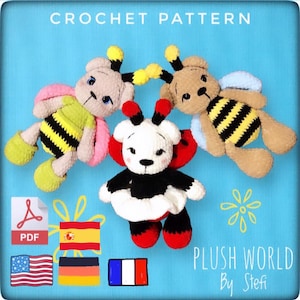 Pode incluir: Padrão de crochê para três brinquedos de pelúcia: uma joaninha, uma abelha e uma abelha com asas cor-de-rosa. O padrão está disponível em inglês, espanhol, alemão e francês. O padrão se chama "Plush World by Stefi".