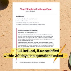 Könnte beinhalten: Ein Englisch-Challenge-Examen der 2. Klasse mit Anweisungen und einem Lesetext mit dem Titel "The Silent Bell". Ein Bleistift liegt auf dem Papier. Der Text lautet "Full Refund, if unsatisfied within 30 days, no questions asked."
