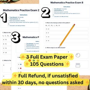 Könnte beinhalten: Drei Mathematik-Übungsprüfungsbögen mit 105 Fragen. Die Bögen sind weiß mit schwarzem Text und enthalten Anweisungen und Multiple-Choice-Fragen. Ein Bleistift liegt auf einem der Bögen. Das Bild enthält auch Text über eine volle Rückerstattung.