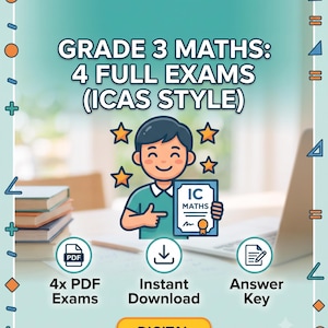 May include: A digital download for Grade 3 Maths featuring 4 full exams in ICAS style. The graphic shows a cartoon character holding an IC Maths certificate, with icons for 4x PDF exams, instant download, and an answer key on a teal background.