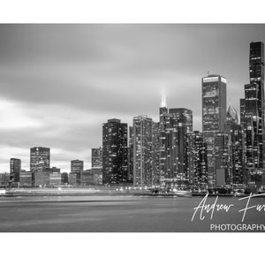 B&W Chicago Skyline Wall print Downtown Chicago Wall Hanging for office or living room Windy City at sunset Navy PierChicago at night