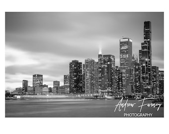 B&W Chicago Skyline Wall print Downtown Chicago Wall Hanging for office or living room Windy City at sunset Navy PierChicago at night