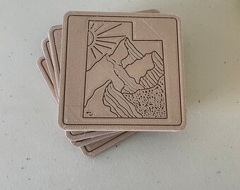 Set of 4, State Shape Coaster, Utah, Mountains, 3d printed wood look