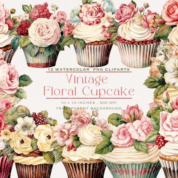 Vintage Floral Cupcake Watercolor Clipart, Birthday Sweets Dessert, Baking Bakery PNG Designs - Commercial Use for invitations, cards